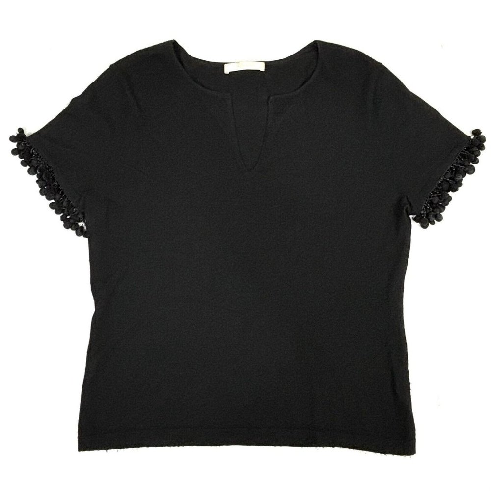 Naeem Khan 100% Fine Cashmere Sweater Women’s XL V-Neck Black Beaded Pom‎ EUC